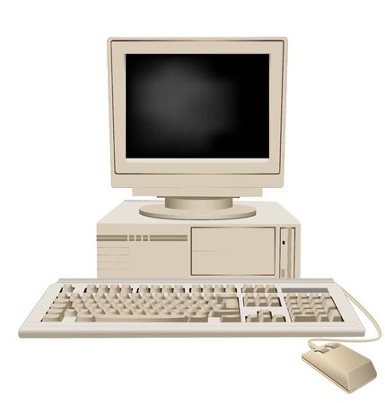 Retro personal computer with system unit large monitor keyboard and mouse vector graphic illustrationのイラスト素材