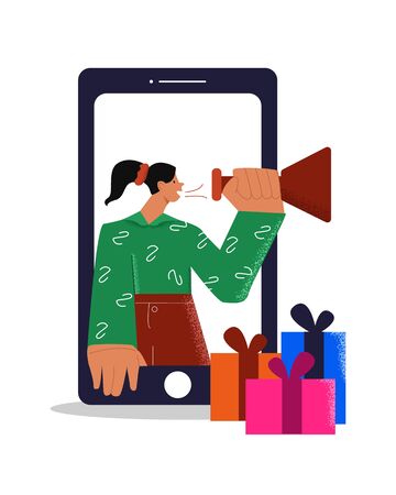 Cartoon female announcement online contest speaking at megaphone in smartphone frame isolated on white. Woman character announce internet competition social media marketing vector flat illustrationのイラスト素材