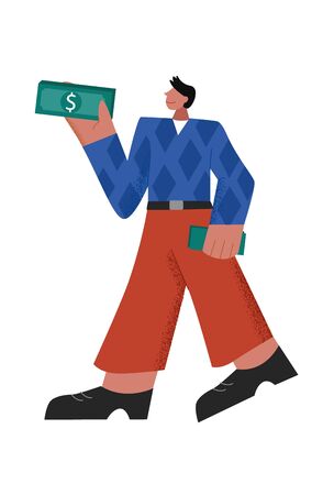 Successful casual cartoon male holding pack of cash back of money refund big limbs style. Happy business man character with currency vector flat illustration isolated on whiteのイラスト素材