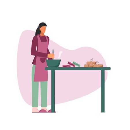 Domestic female character making homemade soap on table vector flat illustration. Cartoon woman having craft hobby and handmade preparing an order for small business isolated on whiteのイラスト素材