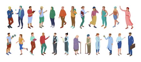 Collection of different cartoon character people isolated on white. Crowd of male and female performing various ages lifestyle and profession trendy isometric vector illustrationのイラスト素材