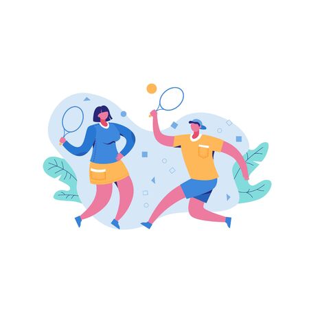 Active man and woman playing volleyball outdoor holding rackets enjoying physical activity vector flat illustration. Couple cartoon character tennis player hitting ball isolated on whiteのイラスト素材