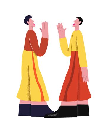Two cartoon male clapping hand making deal isolated on white. Man character working as team enjoying partnership vector flat illustration big limbs styleのイラスト素材