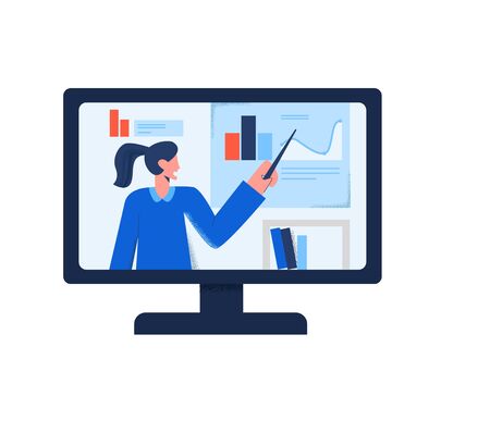 Online translation of webinar video training internet education at computer monitor isolated on white. Business woman e-learning with chart and isometric graphic on screen vector flat illustrationのイラスト素材