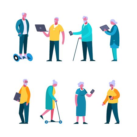 Set of elderly cartoon people enjoying modern device and digital technology isolated on whiteのイラスト素材