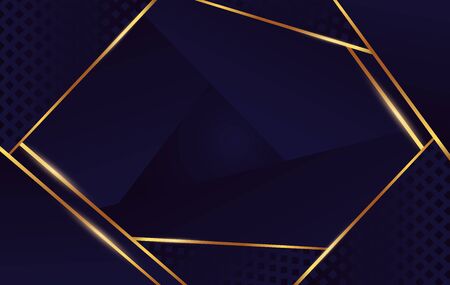 Squared abstract gold geometric shape at dark blue and black background. Golden light lines element at cube and triangle backdrop vector graphic illustrationのイラスト素材