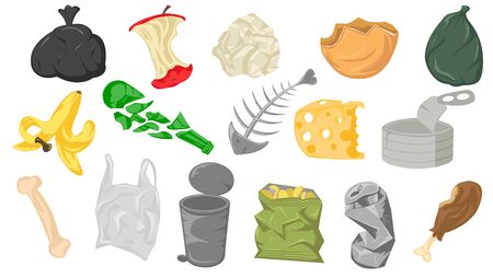 Set of different cartoon scraps and garbage vector graphic illustration. Collection of various trash waste isolated on white background. Environmental pollution conceptのイラスト素材