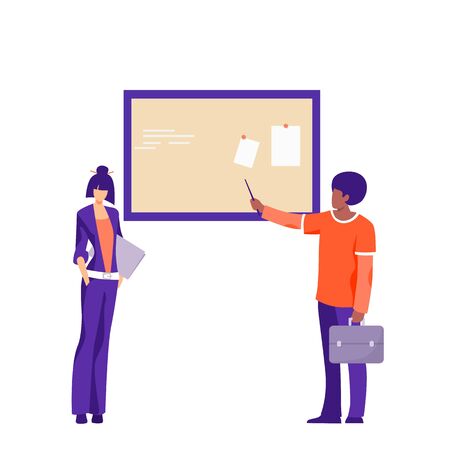 Casual male character showing presentation to business woman vector flat illustration. Cartoon guy pointing on demo board discussing project at office isolated on white backgroundのイラスト素材