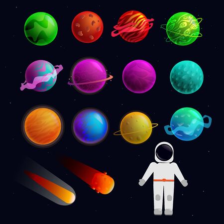 Space set of planets, comets and astronaut. Bright colorful planets for the game. Space background, galaxy.のイラスト素材