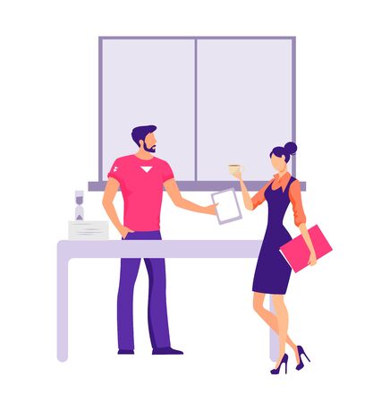 Cartoon colleagues working using tablet during coffee break at office vector flat illustrationのイラスト素材