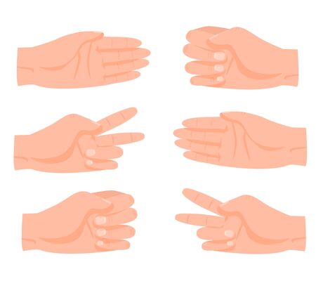 Cartoon human hand rock, scissors, paper game gestures set vector graphic illustration. Collection of arm and fingers playful competition gesturing isolated on white backgroundのイラスト素材
