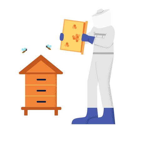 Beekeeper male in white protective suit working on apiary surrounded by bee big limbs styleのイラスト素材