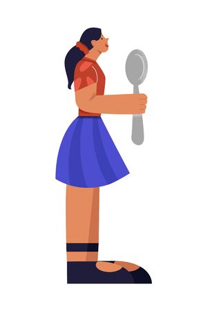 Cartoon character teenager girl holding spoon ready to degustation big limbs style isolated on white. Casual female waiting meal side view vector flat graphic illustrationのイラスト素材