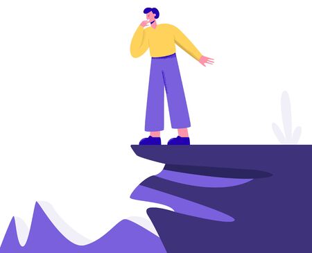 Fear of heights or acrophobia of a person. Character man stands on a cliff and experiences fear.のイラスト素材