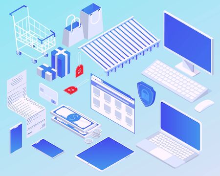 Isometric cartoon online shopping concept vector illustration. Set modern electronic device and design element for internet buying. Smart electronic ecommerce graphic isolatedのイラスト素材