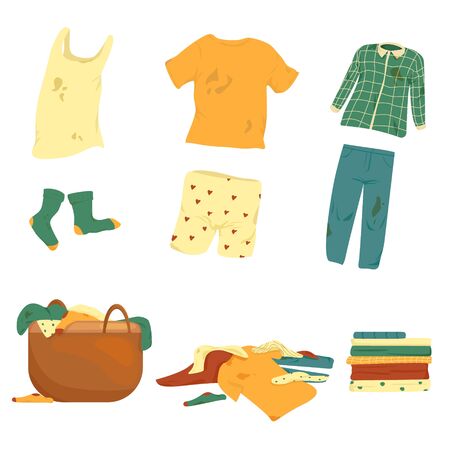 Set of dirty clothes and a laundry basket.のイラスト素材