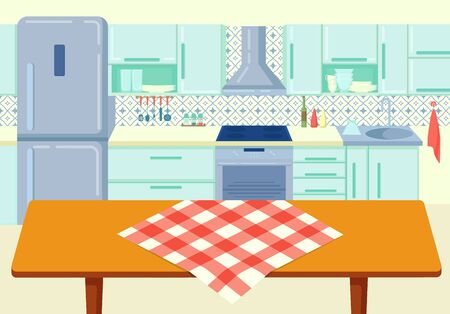 Cartoon wooden kitchen table with tablecloth at cuisine background vector illustrationのイラスト素材