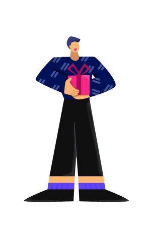 Happy cartoon man holding gift box with ribbon upon purchase vector flat illustrationのイラスト素材