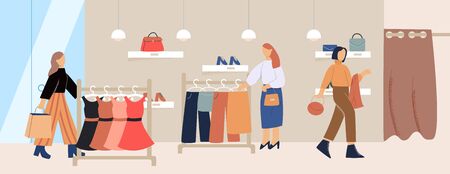 Cartoon female customer inside trendy clothes store vector flat illustrationのイラスト素材