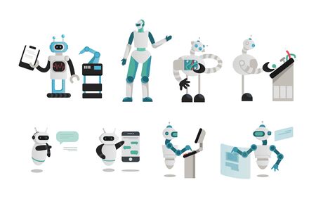 Set of different robots that perform their tasks.のイラスト素材