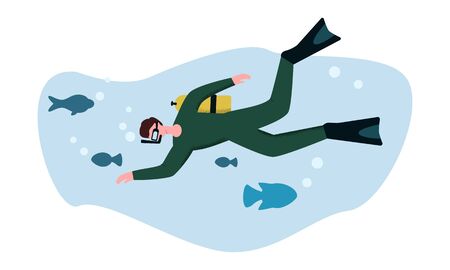 Scuba diving in mask underwater isolated on white background. Cartoon diver with aqualung and flippers vector flat illustration. Colored extreme male swims surrounded by sea fishのイラスト素材