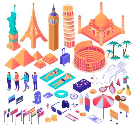 Collection of adventure touristic decorative design elements isometry vector graphic illustration. Set of different colorful travel people, flag, attraction, fruit and suitcase isolated on whiteのイラスト素材