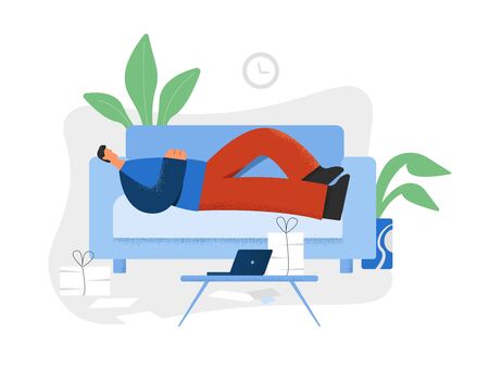 Lazy man lying on couch in front of laptop and heap of documents vector flat illustration. Male character relaxing at home procrastinate concept isolated on white background big limbs styleのイラスト素材