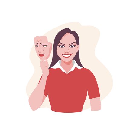 Happy cartoon woman holding sad mask vector graphic illustrationのイラスト素材