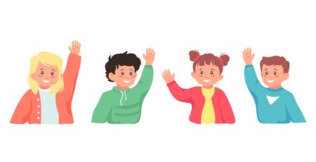 Set of smiling school pupil ask question hand up isolated on white backgroundのイラスト素材