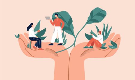 Huge hands holding tiny people office workers vector flat illustrationのイラスト素材