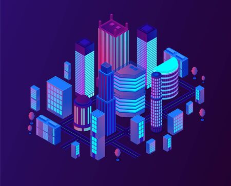 Futuristic illuminated city, buildings with neon lights.のイラスト素材