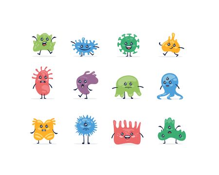 Set of various colored cartoon bacterial pathogen cute microbe isolated on whiteのイラスト素材