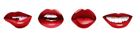 Cartoon seductive woman lips with red lipstick and white teeth set isolated on white backgroundのイラスト素材