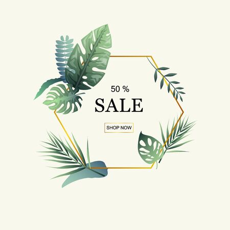 Sale in online shop advertisement. Gold frame in form of hexagons decorated with tropical tree leaves. Seasonal discount in store vector illustration.のイラスト素材