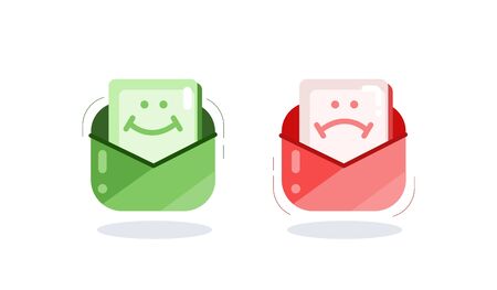 Two cartoon colorful mail envelope with smiley bad and good news isolated on white backgroundのイラスト素材