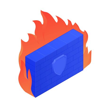 Cartoon bright brick wall in fire with shield icon vector graphic illustrationのイラスト素材
