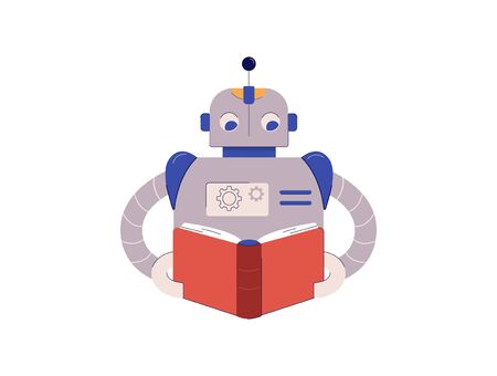 Portrait of robot machine read book vector flat illustration. Hi tech person enjoy literatureのイラスト素材