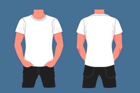 Cartoon white t shirt mockup on male body vector graphic illustration. Colorful casual clothing fashion design template isolated. Modern wear with human torso. Trendy apparelのイラスト素材