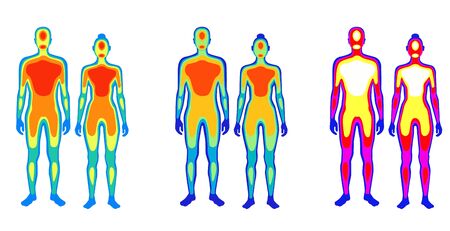 Set of cartoon body warmth thermogram man and woman vector flat illustration. Collection of couple infrared thermography isolated on white. Temperature torso area of bright spectrum humanのイラスト素材