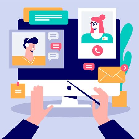 Cartoon male hands conduct in front of computer display vector flat illustration. Connection different people online working together isolated. Concept of remote business managementのイラスト素材