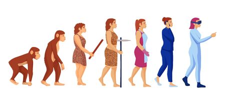 Cartoon character woman career evolution vector graphic illustration. Female development from monkey...