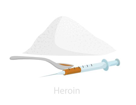 A slide of heroin with a syringe with a ready injection and a dose-filled spoon. Illustration of addiction, addiction, overdose. Vector graphics isolated on white background.のイラスト素材