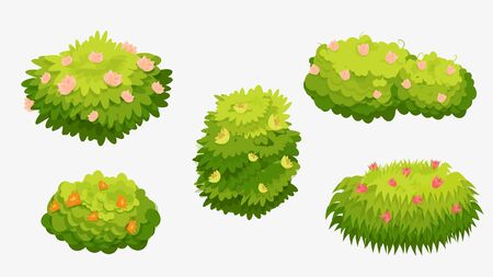Green bushes with various flowers. Green bushes with pink, yellow, orange and red flowers isolated on a white background. Used as a landscape element to create a scene. Vector cartoon illustrationのイラスト素材