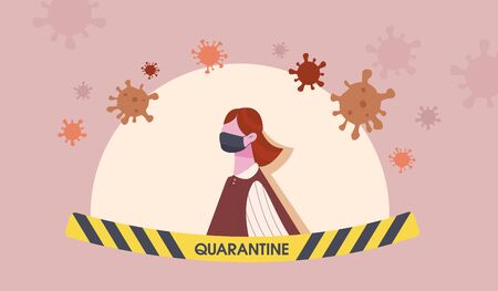 Cartoon female wearing medical mask surrounded by pathogen bacteria vector flat illustrationの写真素材
