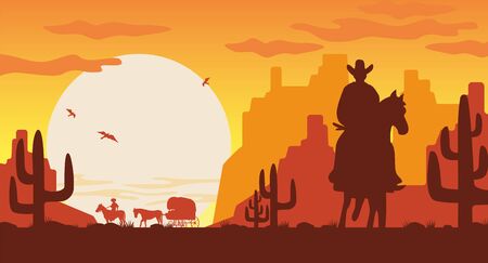 Wild west landscape silhouette. Silhouette cowboy on horse van with rider.のイラスト素材