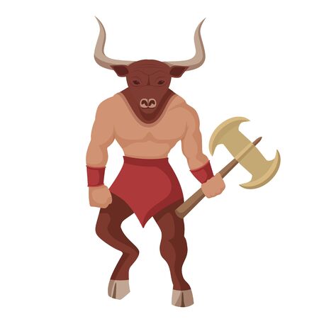 Minotaur with battle ax. Mythical greek colored powerful creature the half human bull.のイラスト素材