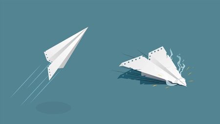 Paper plane rise and fall. White airplane paper sheet takes off crashes.のイラスト素材