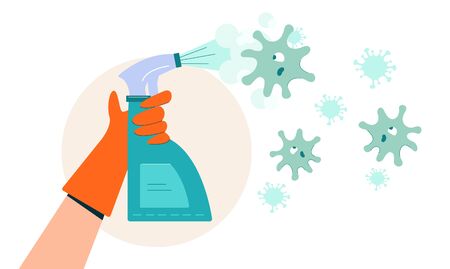 Coronovirus disinfection. Hand in red antibacterial glove green spray kills coronovirus.のイラスト素材