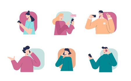 People talking on phone set. Communication in quarantine mode different smartphone.のイラスト素材