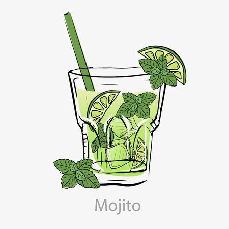 Mojito cocktail. Green cocktail slice lime straw ice cube mint leaf.のイラスト素材